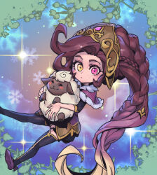 Rule 34 | 1girl, animal, blonde hair, blue background, blush stickers, braid, brown background, brown hair, capelet, foot out of frame, freckles, gem, hair ornament, heterochromia, holding, holding animal, league of legends, long hair, long sleeves, looking at viewer, multicolored background, phantom ix row, pink capelet, pink eyes, sheep, shoes, smile, snowflakes, solo, thighhighs, winterblessed zoe, yellow eyes, zoe (league of legends)
