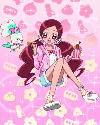 Rule 34 | 1girl, blue shorts, bow, chypre (heartcatch precure!), food, footwear bow, frilled socks, frills, hanasaki tsubomi, heartcatch precure!, highres, holding, holding food, hood, hoodie, long hair, official art, open clothes, open hoodie, open mouth, pink bow, pink eyes, pink hair, pink hoodie, precure, precure connection puzzlun, shirt bow, shorts, sitting, smile, socks, solo, third-party source, twintails, white footwear, yellow footwear