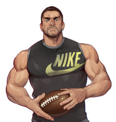 Rule 34 | 1boy, american football (object), ball, bara, beard, biceps, brown hair, facial hair, feet out of frame, frown, highres, holding, holding ball, logo, looking at viewer, male focus, manly, mature male, muscular, muscular male, nike (company), original, raised eyebrow, rugby ball, selkiro, short hair, simple background, solo, tank top, thick arms, thick eyebrows, tight clothes, upper body, veins, white background