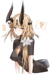 Rule 34 | 1girl, ?, arknights, black bodysuit, black horns, blonde hair, blush, bodysuit, breasts, closed mouth, commentary request, dragon girl, dragon horns, dragon tail, flower, hair flower, hair ornament, highres, horn/wood, horns, light in heart, long hair, medium breasts, reed (arknights), short sleeves, simple background, solo, spoken question mark, tail, upper body, white background, white flower