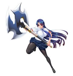 Rule 34 | 1girl, armband, axe, battle axe, blue hair, blue skirt, breasts, closed mouth, commentary request, curvy, female focus, fingernails, gradient hair, happy, highres, holding, holding weapon, jumping, kagami hirotaka, large breasts, leg up, lilith-soft, loafers, looking away, multicolored hair, necktie, official art, pantyhose, pleated skirt, purple eyes, school uniform, shiny clothes, shoes, short sleeves, simple background, skirt, smile, solo, taimanin (series), taimanin asagi, taimanin asagi zero, taimanin murasaki, weapon, white background, yatsu murasaki