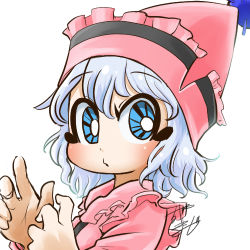 Rule 34 | 1girl, blue eyes, chamaji, close-up, commentary, frilled hat, frills, hair between eyes, hat, long sleeves, looking at viewer, lowres, merlin prismriver, musical note, pink hat, pink shirt, pom pom (clothes), profile picture, shirt, short hair, signature, simple background, solo, touhou, upper body, white background, white hair
