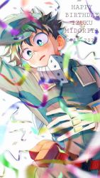 Rule 34 | 1boy, belt, birthday, blurry, blurry foreground, blush, bodysuit, boku no hero academia, character name, confetti, english text, freckles, gloves, green bodysuit, green eyes, green gloves, green hair, hand on own head, hand on own stomach, happy birthday, lying, male focus, midoriya izuku, on back, parted lips, short hair, simple background, solo, timestamp, two-tone gloves, uni ssansyo, utility belt, white background, white gloves