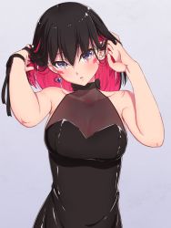 Rule 34 | 1girl, absurdres, adjusting hair, armpit peek, azki (hololive), bare shoulders, black dress, black hair, blush, breasts, cleavage, colored inner hair, dress, earrings, facial mark, hair lift, halter dress, halterneck, hand in own hair, highres, hololive, jewelry, large breasts, loeldrive, looking at viewer, medium hair, multicolored hair, open mouth, pink hair, purple eyes, see-through, see-through cleavage, single earring, solo, upper body, virtual youtuber