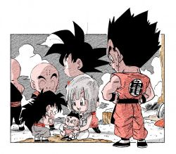 Rule 34 | 1girl, 5boys, :p, baby, bald, black eyes, black hair, black headwear, bulma, chibi, child, clenched hands, clothes writing, cloud, cloudy sky, commentary request, crossed legs, dougi, dragon ball, dragonball z, expressionless, facial scar, facing away, father and son, fenyon, frown, full body, grass, hands on own hips, hat, holding, holding baby, kuririn, looking at another, mother and son, multiple boys, nervous, official style, open mouth, outdoors, outside border, profile, scar, scar on cheek, scar on face, serious, sitting, sky, son gohan, son goku, spiked hair, straight hair, sweatdrop, tenshinhan, tongue, tongue out, trunks (dragon ball), wristband, yamcha