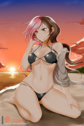 Rule 34 | 1girl, bare shoulders, barefoot, beach, bikini, black bikini, blush, breasts, brown eyes, brown hair, cloud, collarbone, evening, gluteal fold, heterochromia, highres, kimmy77, large breasts, long hair, multicolored hair, navel, neo politan, ocean, off shoulder, open clothes, open shirt, outdoors, parted lips, pink eyes, pink hair, rwby, sand, seiza, shiny skin, shirt, sitting, skindentation, sky, smile, solo, split-color hair, sun, sunset, swimsuit, teeth, twilight, two-tone hair, water, white hair