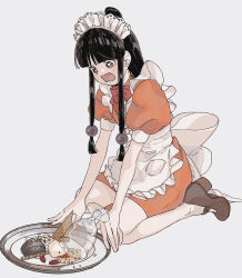 Rule 34 | 1girl, ace attorney, apron, black hair, blunt bangs, brown footwear, d:, dress, food, frilled apron, frills, full body, grey background, high heels, highres, ice cream, long hair, looking at object, looking down, maid, maid apron, maid headdress, mary janes, maya fey, official alternate costume, omen hohoho, open mouth, orange dress, puffy sleeves, sad, shoes, short sleeves, simple background, sitting, solo, spill, white apron