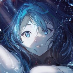 Rule 34 | 1girl, bikini, bikini under clothes, blue eyes, blue hair, close-up, game cg, goddess of victory: nikke, hair ornament, helm (aqua marine) (nikke), helm (nikke), jam (nandade), lips, long hair, long sleeves, official art, parted lips, ponytail, see-through, see-through shirt, shirt, solo, swimsuit, third-party source, underwater, wide-eyed