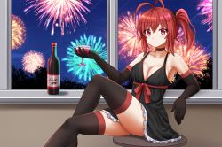 Rule 34 | 1girl, aerial fireworks, alcohol, antenna hair, bare shoulders, black dress, blush, bottle, breasts, brown choker, brown thighhighs, choker, cleavage, closed mouth, collarbone, commentary, crossed legs, cup, cupping glass, dress, drinking glass, elbow gloves, english commentary, fireworks, frilled dress, frills, gloves, hair between eyes, highres, holding, holding cup, kazenokaze, medium breasts, night, night sky, original, red eyes, red hair, side ponytail, sidelocks, sitting, skindentation, sky, sleeveless, sleeveless dress, smile, solo, star (sky), starry sky, thighhighs, wine, wine bottle, wine glass