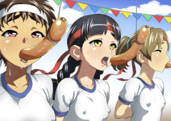 Rule 34 | 3girls, arms behind back, black hair, braid, breasts, brown hair, cloud, covered erect nipples, day, eating, eating contest, closed eyes, food, gym uniform, ha ku ronofu jin, hairband, headband, high ponytail, long hair, multiple girls, open mouth, original, outdoors, ponytail, purple eyes, saliva, sausage, sexually suggestive, short hair, short sleeves, sky, small breasts, sports festival, sportswear, sweat, tongue, tongue out, twin braids, upper body, yellow eyes