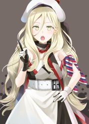 Rule 34 | 1girl, armband, belt, beret, blonde hair, dress, gloves, hat, highres, kantai collection, long hair, mole, mole under eye, multicolored clothes, multicolored gloves, multicolored scarf, open mouth, pom pom (clothes), richelieu (kancolle), scarf, solo, strapless, strapless dress, white dress, yellow eyes, yuna (yukiyuna)