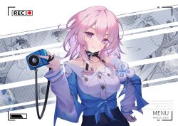Rule 34 | 1girl, absurdres, artist name, black choker, blue eyes, breasts, buttons, camera, chinese commentary, choker, collarbone, commentary, dress shirt, english text, flower ornament, hair between eyes, highres, holding, holding camera, honkai: star rail, honkai (series), jacket, joehi, long sleeves, looking at viewer, march 7th (honkai: star rail), medium breasts, medium hair, pink eyes, pink hair, polka dot, recording, shirt, smile, solo, tied jacket, two-tone eyes, underbust, white shirt, zoom layer