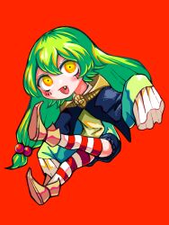 Rule 34 | 1girl, :d, aygoftenover, black shorts, chibi, fang, green hair, hair between eyes, hair ornament, highres, jester, kfufu (shy), long hair, long sleeves, open mouth, orange eyes, red background, red thighhighs, shoes, shorts, shy (series), simple background, sleeves past fingers, sleeves past wrists, smile, solo, striped clothes, striped thighhighs, thighhighs, white thighhighs