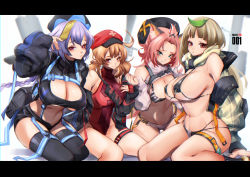 Rule 34 | 4girls, adapted costume, aged up, ahoge, alternate costume, animahakim, animal ears, bangs pinned back, belt, bikini, black bikini, blunt bangs, breasts, brown eyes, cabbie hat, cat ears, cat girl, cleavage, clover print, commentary, detached sleeves, diona (genshin impact), english commentary, forehead, genshin impact, green eyes, grey hair, hair between eyes, hair ribbon, hat, highleg, highleg leotard, jiangshi, klee (genshin impact), large breasts, leaf, leaf on head, leotard, light brown hair, long hair, long sleeves, looking at viewer, low ponytail, low twintails, micro bikini, multiple girls, navel, ofuda, orange eyes, pink hair, pointy ears, purple eyes, purple hair, qingdai guanmao, qiqi (genshin impact), ribbon, sayu (genshin impact), short hair, short shorts, shorts, sidelocks, sitting, stomach, swimsuit, thighlet, twintails, wariza, wide sleeves