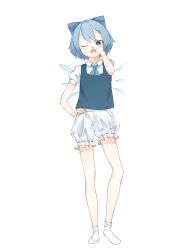 Rule 34 | 1girl, bloomers, blue bow, blue hair, bow, cirno, contrapposto, hand on own hip, highres, hito komoru, ice, ice wings, nose picking, one eye closed, open mouth, round teeth, socks, solo, standing, teeth, touhou, underwear, wings