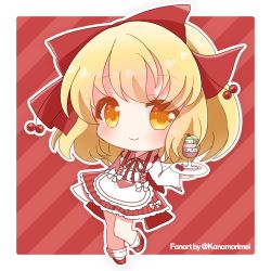 Rule 34 | 1girl, alternate costume, apron, blonde hair, bow, chinese commentary, closed mouth, commentary request, cup, detached sleeves, dress, frilled apron, frilled dress, frills, hair bow, holding, holding tray, kanamorimei, long sleeves, medium hair, red bow, red dress, red footwear, satsuki rin, smile, socks, solo, striped clothes, striped dress, touhou, tray, vertical-striped clothes, vertical-striped dress, waist apron, waitress, white apron, white sleeves, white socks, wide sleeves, yellow eyes
