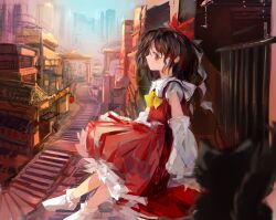 Rule 34 | 1girl, ascot, bow, brown eyes, brown hair, building, chamaruk, closed mouth, detached sleeves, from side, hair bow, hakurei reimu, highres, japanese clothes, long hair, nontraditional miko, outdoors, red bow, red skirt, skirt, socks, solo, stairs, touhou, white sleeves, white socks, wide sleeves, yellow ascot