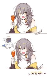 Rule 34 | 1girl, bare shoulders, black jacket, chicken (food), chicken leg, commentary, food, grey hair, halo, high collar, highres, holding, holding food, honkai: star rail, honkai (series), jacket, long hair, looking at viewer, off shoulder, open mouth, owlbert (honkai: star rail), shirt, simple background, sp0i0ppp, stelle (honkai: star rail), sweat, trailblazer (honkai: star rail), white background, white shirt, yellow eyes