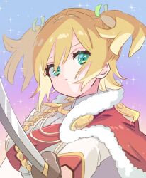 Rule 34 | 1girl, blonde hair, commentary, daiba nana, fur trim, gradient background, green eyes, green ribbon, hair ribbon, highres, holding, holding sword, holding weapon, jacket, jacket on shoulders, katana, long sleeves, looking at viewer, purple background, ribbon, short hair, short twintails, shoujo kageki revue starlight, solo, sparkle background, sukoyaka (100hituzi), sword, twintails, upper body, weapon