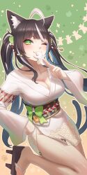 Rule 34 | 1girl, absurdres, ahoge, animal ears, blunt bangs, blush, breasts, bright pupils, brown hair, cleavage, feet, geta, gradient background, green eyes, hand on own hip, highres, indie virtual youtuber, japanese clothes, kimono, long hair, looking at viewer, medium breasts, multicolored hair, obi, one eye closed, paper doll, sandals, sash, scotishfold, short kimono, smile, standing, standing on one leg, streaked hair, toes, twintails, virtual youtuber, white hair