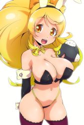 Rule 34 | 1girl, animal ears, big hair, bikini, blonde hair, bow, bowtie, breasts, bustier, cleavage, cure honey, detached collar, elbow gloves, food, gloves, hair bow, happinesscharge precure!, highres, large breasts, long hair, looking at viewer, navel, onigiri, oomori yuuko, open mouth, precure, rabbit ears, ryuuta (cure ryuuta), smile, solo, swimsuit, thick thighs, thighhighs, thighs, yellow eyes
