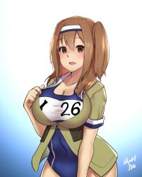 Rule 34 | 10s, 1girl, breasts, brown eyes, cleavage, hairband, hayabusa (vert 320), i-26 (kancolle), kantai collection, large breasts, light brown hair, long hair, new school swimsuit, one-piece swimsuit, open mouth, sailor collar, school swimsuit, short sleeves, smile, solo, swimsuit, swimsuit under clothes, two-tone hairband, two side up
