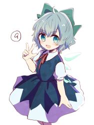 Rule 34 | 1girl, blue dress, blue eyes, blue hair, blush, bow, cirno, collared shirt, detached wings, dress, fairy, green bow, hair bow, highres, ice, ice wings, kuromame (8gou), open mouth, shirt, short hair, short sleeves, simple background, smile, solo, touhou, white background, white shirt, wings