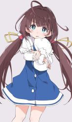 Rule 34 | 1girl, ahoge, beret, blue eyes, brown hair, grey background, hat, hinatsuru ai, holding, holding clothes, holding hat, ixy, long hair, looking at viewer, low twintails, ryuuou no oshigoto!, school uniform, simple background, solo, twintails, unworn hat, unworn headwear, white hat