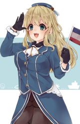 Rule 34 | 10s, 1girl, :d, absurdres, atago (kancolle), bad id, bad pixiv id, beret, black gloves, blonde hair, breasts, gloves, green eyes, hands up, hat, highres, kantai collection, large breasts, long hair, military, military uniform, neckerchief, open mouth, pantyhose, samiharu, smile, solo, uniform