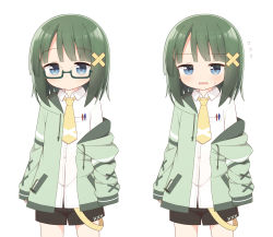 Rule 34 | 1girl, ayanepuna, black shorts, blue eyes, blush, breasts, collared shirt, commentary request, copyright request, cowboy shot, dress shirt, flying sweatdrops, glasses, green-framed eyewear, green hair, green jacket, hair ornament, hairclip, hood, hood down, hooded jacket, jacket, large breasts, long hair, looking at viewer, multiple views, necktie, off shoulder, open clothes, open jacket, parted lips, semi-rimless eyewear, shirt, short shorts, shorts, simple background, sleeves past fingers, sleeves past wrists, standing, sweat, under-rim eyewear, wavy mouth, white background, x hair ornament, yellow necktie