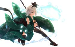 Rule 34 | &gt;;), 1girl, ;), adapted costume, bakanoe, bare shoulders, black thighhighs, cherry blossoms, collarbone, detached sleeves, fighting stance, floral print, full body, green eyes, hair ribbon, hairband, highres, hitodama, japanese clothes, katana, kimono, konpaku youmu, konpaku youmu (ghost), long hair, obi, one eye closed, on one knee, petals, ready to draw, ribbon, sandals, sash, scabbard, sheath, short hair, silver hair, simple background, sleeveless, sleeveless kimono, smile, solo, sword, thighhighs, touhou, v-shaped eyebrows, weapon, white background