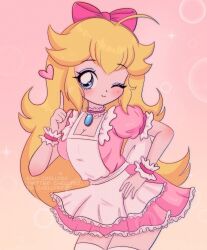 Rule 34 | 1990s (style), 1girl, apron, blonde hair, blue eyes, blush, bow, breasts, bubble background, chellyko, choker, cleavage, collarbone, dress, gem, hair bow, hand on own hip, heart, heart in eye, highres, index finger raised, long hair, looking at viewer, mario (series), medium breasts, nintendo, one eye closed, pink background, pink dress, princess peach, puffy sleeves, retro artstyle, short sleeves, smile, sparkle, standing, super mario bros. 1, symbol in eye, thighhighs, two-tone background, waist bow, waitress, white apron, white thighhighs, wink, yellow background