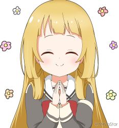 Rule 34 | 1girl, ^ ^, blonde hair, blouse, blush, bow, closed eyes, closed mouth, commentary request, facing viewer, floral background, forehead, grey shirt, hands up, highres, long hair, long sleeves, mitya, nogi sonoko, own hands together, red bow, sailor collar, shirt, simple background, solo, twitter username, upper body, white background, white sailor collar, yuuki yuuna wa yuusha de aru, yuusha de aru