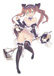 Rule 34 | 1girl, :o, bare shoulders, blade (galaxist), bow, brown hair, bucket, cat, clothes lift, detached collar, detached sleeves, dress, dress lift, frilled thighhighs, frills, full body, gluteal fold, green eyes, hair between eyes, hair bow, hair ribbon, hairband, lolita hairband, long hair, mop, navel, open mouth, original, panties, pantyshot, ribbon, side-tie panties, simple background, sleeves past wrists, solo, standing, string panties, thighhighs, twintails, underwear, white panties