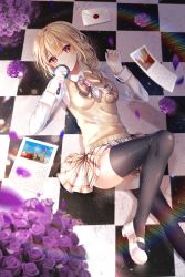 Rule 34 | 1girl, absurdres, bad id, bad pixiv id, black thighhighs, blonde hair, bow, bowtie, braid, checkered floor, ecu8080, flower, from above, highres, holding, long hair, looking at viewer, lying, mary janes, miniskirt, on back, original, pleated skirt, purple flower, purple rose, red eyes, rose, school uniform, shirt, shoes, side braid, single braid, skirt, smile, solo, thighhighs, vest, white footwear, white shirt, white skirt, yellow vest, zettai ryouiki