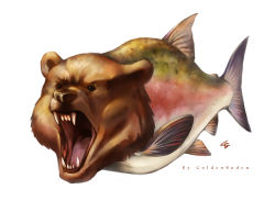 Rule 34 | animal, artist name, bear, black eyes, commentary, fangs, fish, full body, fusion, mei ford, open mouth, original, salmon, sharp teeth, signature, simple background, solo, teeth, what, white background