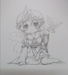 Rule 34 | 1girl, :3, bug, butterfly, chibi, female focus, full body, gradient background, graphite (medium), greyscale, hat, insect, japanese clothes, kimono, looking at viewer, monochrome, paw pose, saigyouji yuyuko, short hair, solo, touhou, traditional media, zimajiang