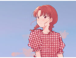 Rule 34 | 1girl, arms at sides, blush, braid, egashira mika, letterboxed, looking to the side, medium hair, pechevail, plaid, puffy short sleeves, puffy sleeves, red eyes, red hair, short sleeves, skip to loafer, sky, solo, twin braids, twintails, unmoving pattern, upper body