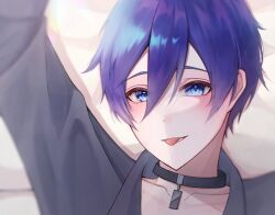 Rule 34 | 1boy, arms up, black choker, blue eyes, blue hair, choker, commentary, dot nose, grey shirt, guilty (module), hair between eyes, kaito (vocaloid), long sleeves, looking at viewer, male focus, project diva (series), shirt, short hair, solo, tongue, tongue out, vocaloid, ye1it7zzedh55jn