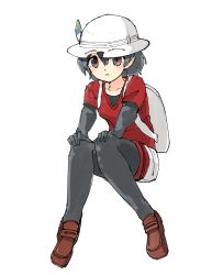 Rule 34 | 10s, 1girl, absurdres, backpack, bag, black hair, bucket hat, collarbone, commentary, elbow gloves, eyebrows visible through hat, feathers, full body, gloves, hands on own knees, hat, highres, kaban (kemono friends), kemono friends, loafers, omnisucker, pantyhose, shirt, shoes, short hair, short sleeves, shorts, sitting, solo, t-shirt