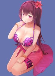 Rule 34 | 1girl, alternate costume, bikini, bracelet, breasts, cleavage, fate/grand order, fate (series), flower, from above, hair flower, hair intakes, hair ornament, hand on own shoulder, hibiscus, highres, jewelry, kunai, large breasts, bridal garter, looking at viewer, pink bikini, purple bikini, purple hair, purple sarong, red eyes, sarong, scathach (fate), scathach (fate), scathach (swimsuit assassin) (fate), sitting, solo, swimsuit, taena, wariza, weapon