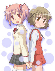 Rule 34 | 10s, brown eyes, brown hair, company connection, crossover, hair ribbon, hidamari sketch, highres, holding hands, kaname madoka, ki (adotadot), mahou shoujo madoka magica, mahou shoujo madoka magica (anime), pink eyes, pink hair, plaid, ribbon, school uniform, shaft (company), short hair, skirt, thighhighs, twintails, yuno (hidamari sketch), zettai ryouiki