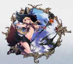 Rule 34 | 10s, 1girl, black mage (final fantasy), blonde hair, blue eyes, breasts, cloud, cloudy sky, dragon, final fantasy, final fantasy xiv, hat, heterochromia, holding, holding staff, lino chang, long hair, midgardsormr, mini dragon, navel, parted lips, sandals, sky, solo, staff, underboob, warrior of light (ff14), witch hat, yellow eyes