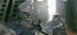 Rule 34 | 1311422471, 2girls, absurdres, bird, black coat, breasts, building, character request, closed mouth, coat, commentary, copyright request, day, finger on trigger, fingerless gloves, gloves, grey background, grey hair, grey jacket, gun, hair over one eye, highres, holding, holding gun, holding weapon, jacket, long hair, looking ahead, medium breasts, multiple girls, one eye covered, outdoors, pigeon, road sign, short hair, sign, traffic light, upper body, weapon, white bird, yellow eyes