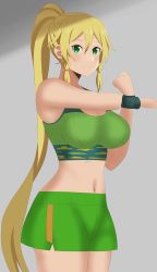 Rule 34 | bare arms, bare shoulders, blonde hair, braid, breasts, green eyes, green shorts, green sports bra, gym shorts, hair between eyes, highres, hx1aewa9, large breasts, leafa, long hair, looking at viewer, navel, ponytail, shorts, simple background, smile, sports bra, sword art online, thighs, twin braids, very long hair, wristband