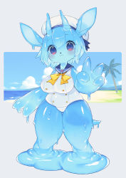 Rule 34 | 1girl, animal ears, beach, blue hair, blue skin, blush, breasts, buttons, character request, closed mouth, cloud, cloudy sky, colored skin, commentary request, day, dot nose, double-breasted, full body, gluteal fold, grey background, hair between eyes, hat, highres, horizon, horns, kishibe, large breasts, looking at viewer, medium hair, monster girl, ocean, outdoors, outside border, palm tree, sailor collar, sand, sky, slime girl, solo, tail, tareme, thick arms, thick thighs, thighs, tree, v, water, white hat