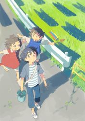 Rule 34 | 1boy, 2girls, absurdres, black hair, blouse, blue dress, brown eyes, brown hair, bucket, closed mouth, commentary request, denim, dress, field, from above, grey shirt, highres, holding, holding bucket, jeans, koinobori, looking at another, looking at viewer, muji (uimss), multiple girls, no socks, open mouth, original, outdoors, outstretched arms, pants, railing, red dress, red footwear, road, running, shadow, shirt, shoes, short hair, short sleeves, shorts, smile, sneakers, street, striped clothes, striped shirt, white footwear, white shirt, white shorts, windsock