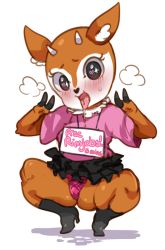Rule 34 | 10s, 1girl, aggressive retsuko, animal ears, black eyes, black footwear, black skirt, blush, boots, breath, deer, deer ears, double v, drooling, english text, female focus, frilled skirt, frills, full body, furry, furry female, hands up, heart, heart-shaped pupils, high heels, horns, lightsource, looking at viewer, open mouth, panties, presenting, purple panties, purple shirt, saliva, shirt, short sleeves, sign, sign around neck, simple background, skirt, smile, solo, spread legs, squatting, sweat, symbol-shaped pupils, tongue, tongue out, tsunoda (aggretsuko), underwear, v, white background