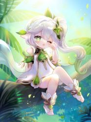 Rule 34 | 1girl, child, cross-shaped pupils, detached sleeves, dress, genshin impact, gradient hair, green eyes, green hair, green sleeves, hair ornament, highres, in tree, leaf hair ornament, leafkey424, long hair, multicolored hair, nahida (genshin impact), one eye closed, open mouth, pointy ears, side ponytail, sitting, sitting in tree, solo, symbol-shaped pupils, toeless footwear, tree, white dress, white footwear, white hair, yawning