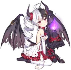 Rule 34 | 1girl, ahoge, ark order, ascot, bare shoulders, black dress, black footwear, black hair, boots, bow, breasts, closed mouth, collar, demon wings, detached sleeves, dress, drill hair, elbow gloves, expressionless, fire, frilled sleeves, frills, from side, full body, gloves, hair belt, hair ornament, hairclip, hela (ark order), horns, ikataruto, looking at viewer, medium breasts, multicolored hair, official art, red ascot, red bow, red collar, red eyes, single glove, single sleeve, sitting, sleeves past fingers, sleeves past wrists, solo, split-color hair, tachi-e, torn wings, transparent background, twin drills, two-tone hair, variant set, wariza, white dress, white gloves, white hair, wings